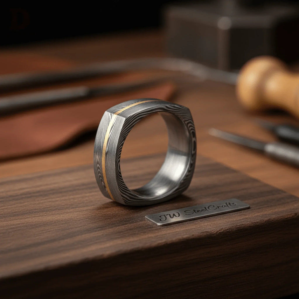 Square Damascus Gold Inlay Ring with Single Gold Line