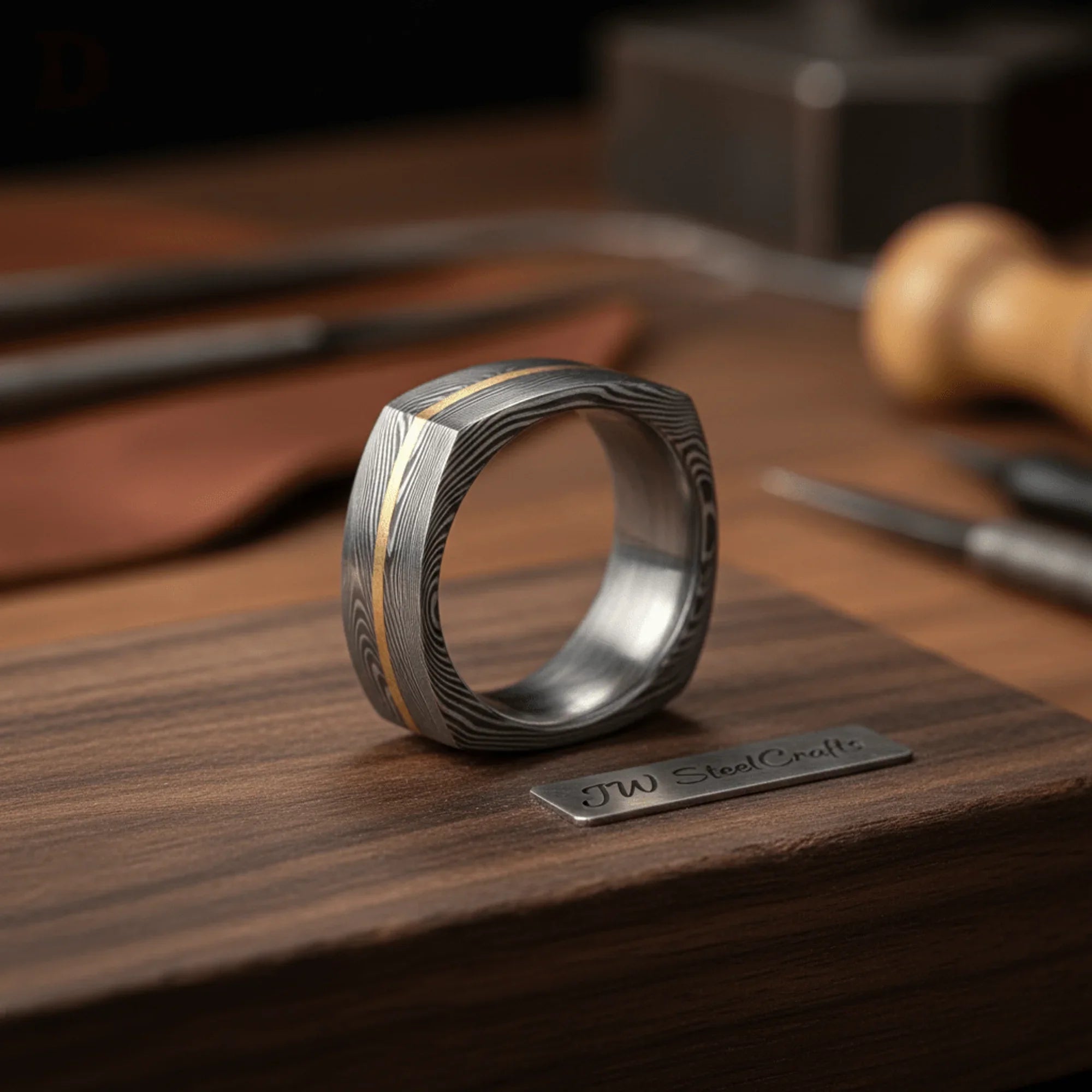 Square Damascus Gold Inlay Ring with Single Gold Line