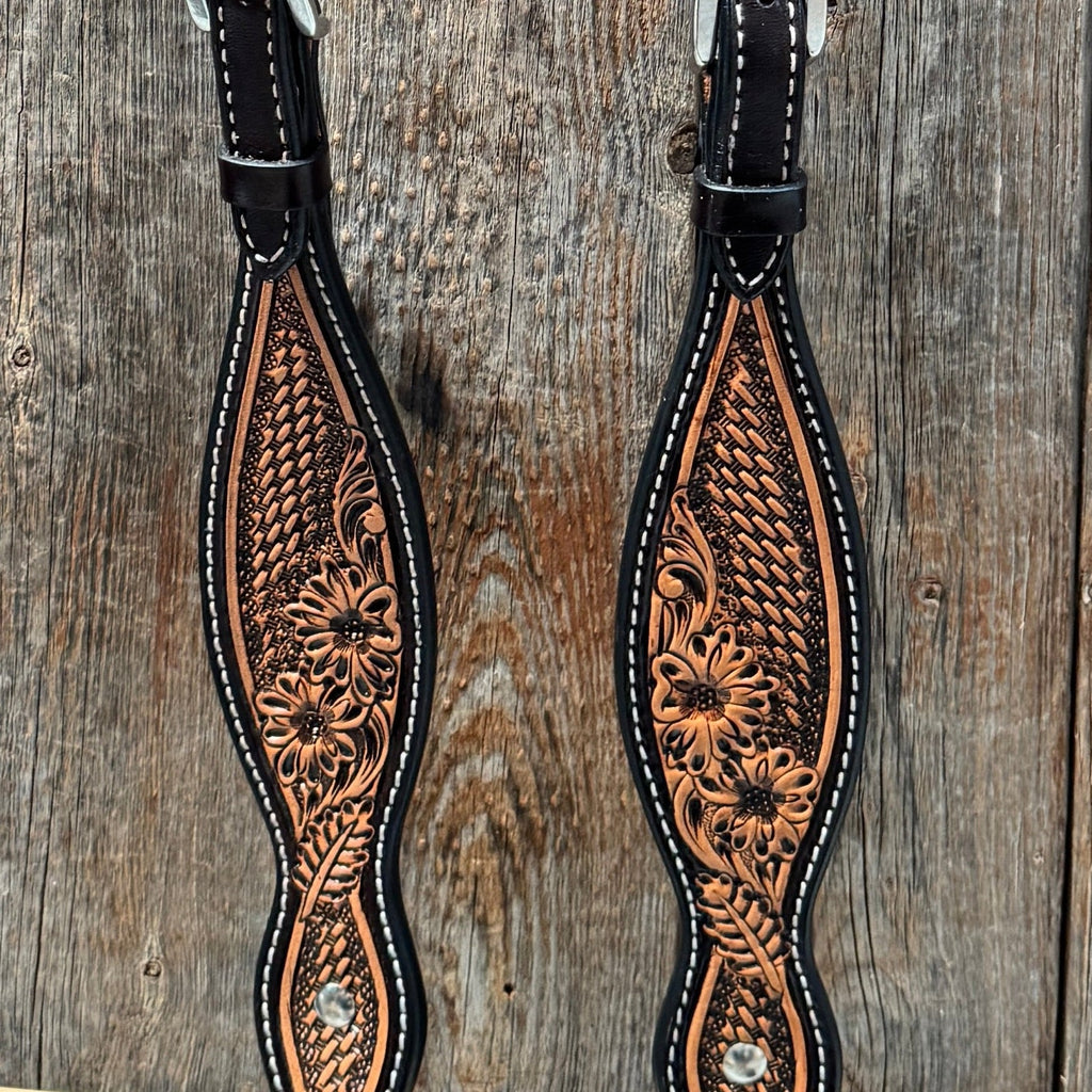 Two Tone Floral and Basketweave One Ear Headstall / Bridle #FK401 — view 3