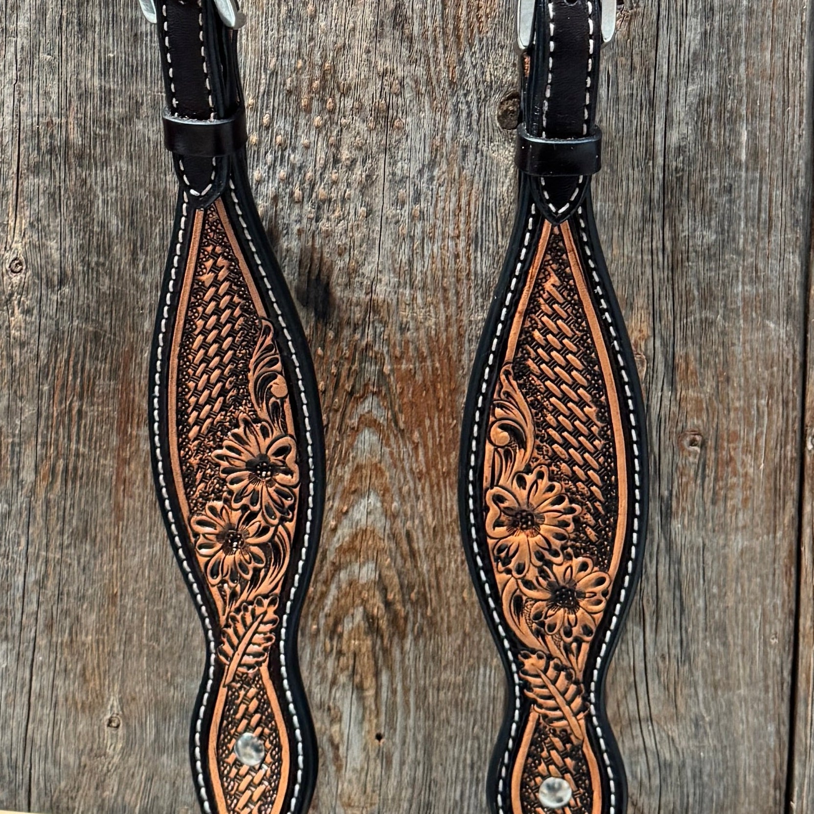 Two Tone Floral and Basketweave One Ear Headstall / Bridle #FK401 — view 3