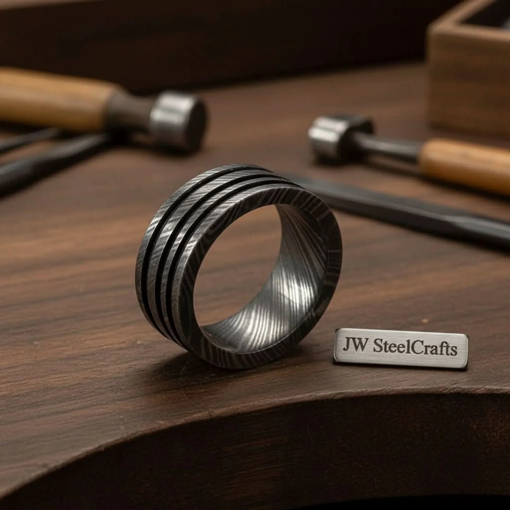 Silver Damascus Triple Groove Ring with Bright Finish
