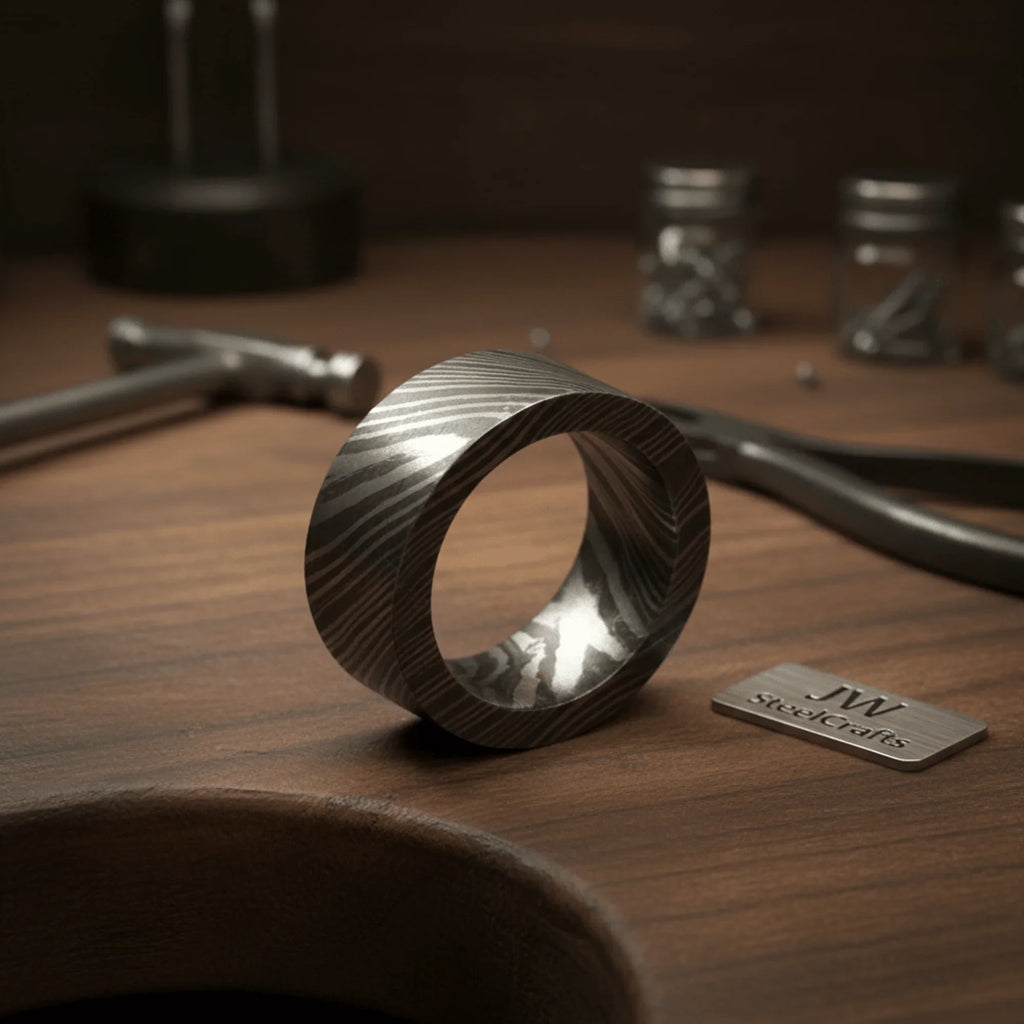 Flat Damascus Wedding Band with Wide Squared Edges