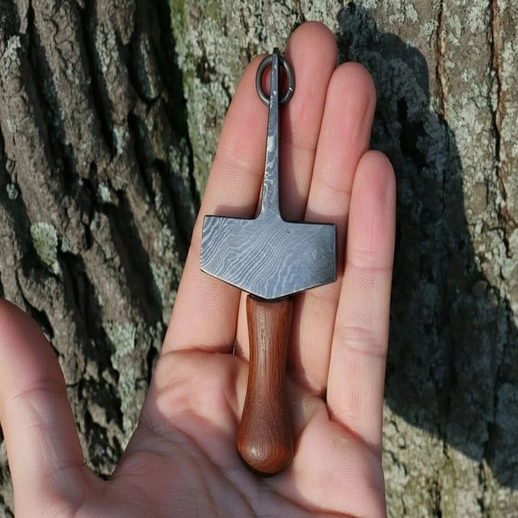 Damascus thor's hammer Pendant with Wood Grain Steel