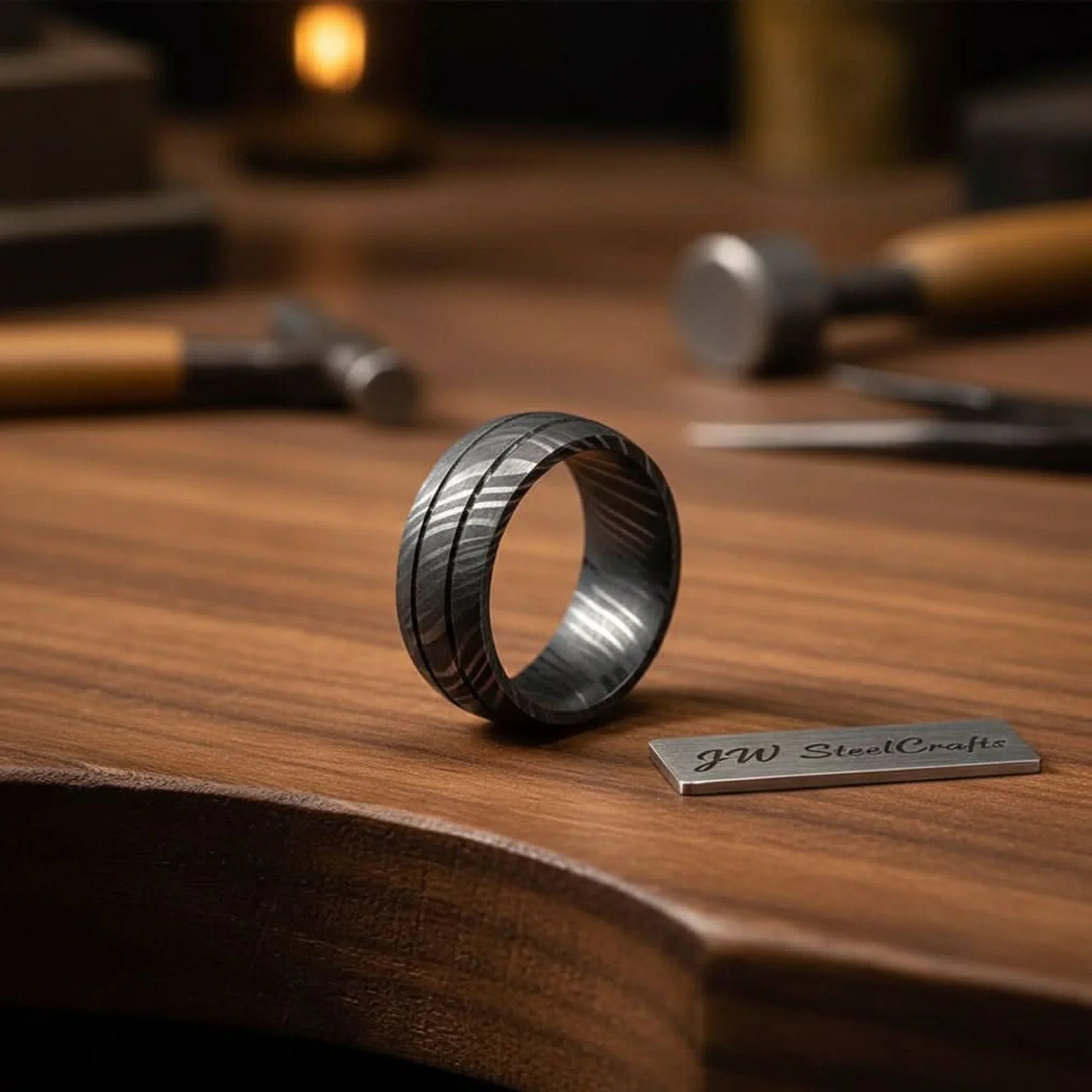 Black Damascus Double Groove Band with Etched Finish