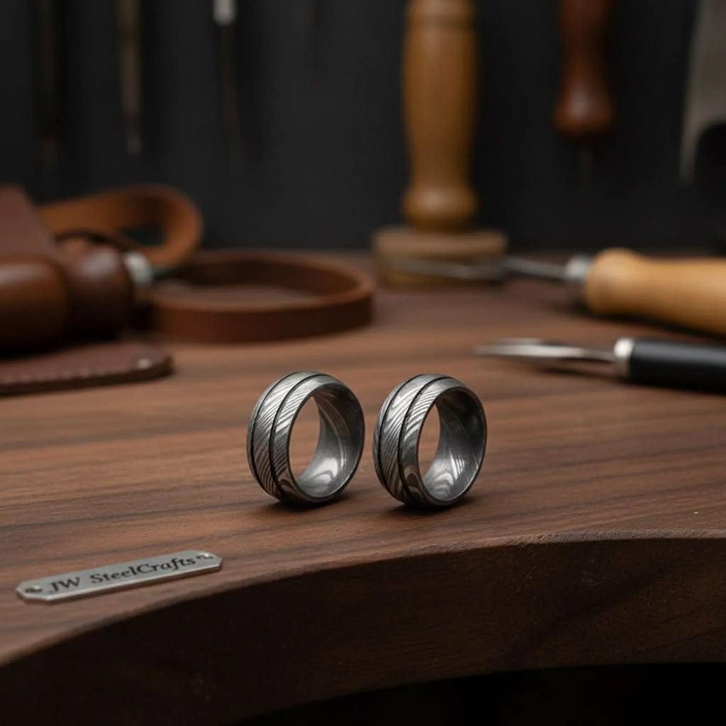 Damascus Grooved Band set with Twisted Pattern for Couples
