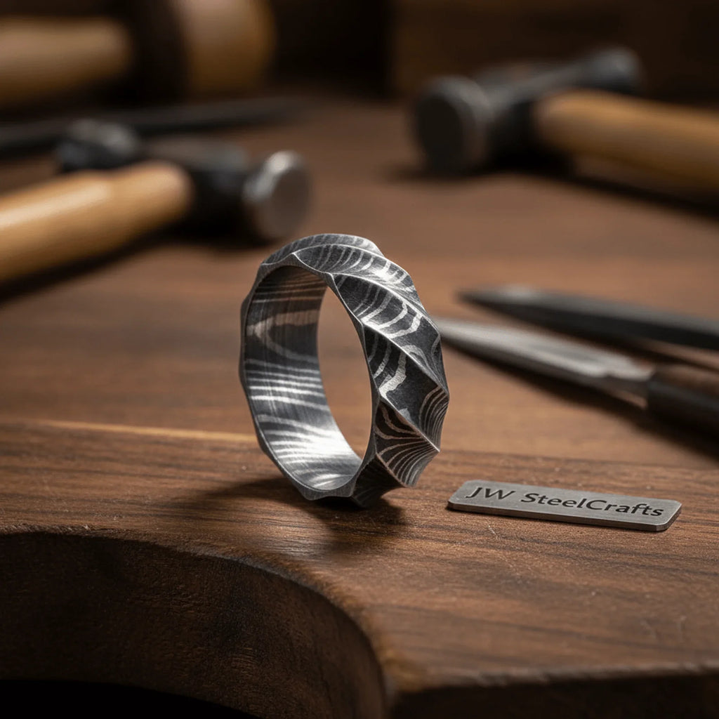 Geometric Damascus Faceted Ring with Twisted Multi-Facet Design