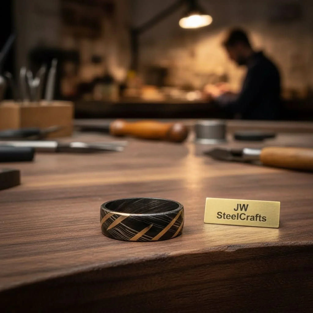 Black Damascus Gold Stripe Ring with Diagonal Multi-Stripe Inlay