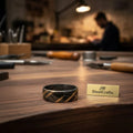 Black Damascus Gold Stripe Ring with Diagonal Multi-Stripe Inlay