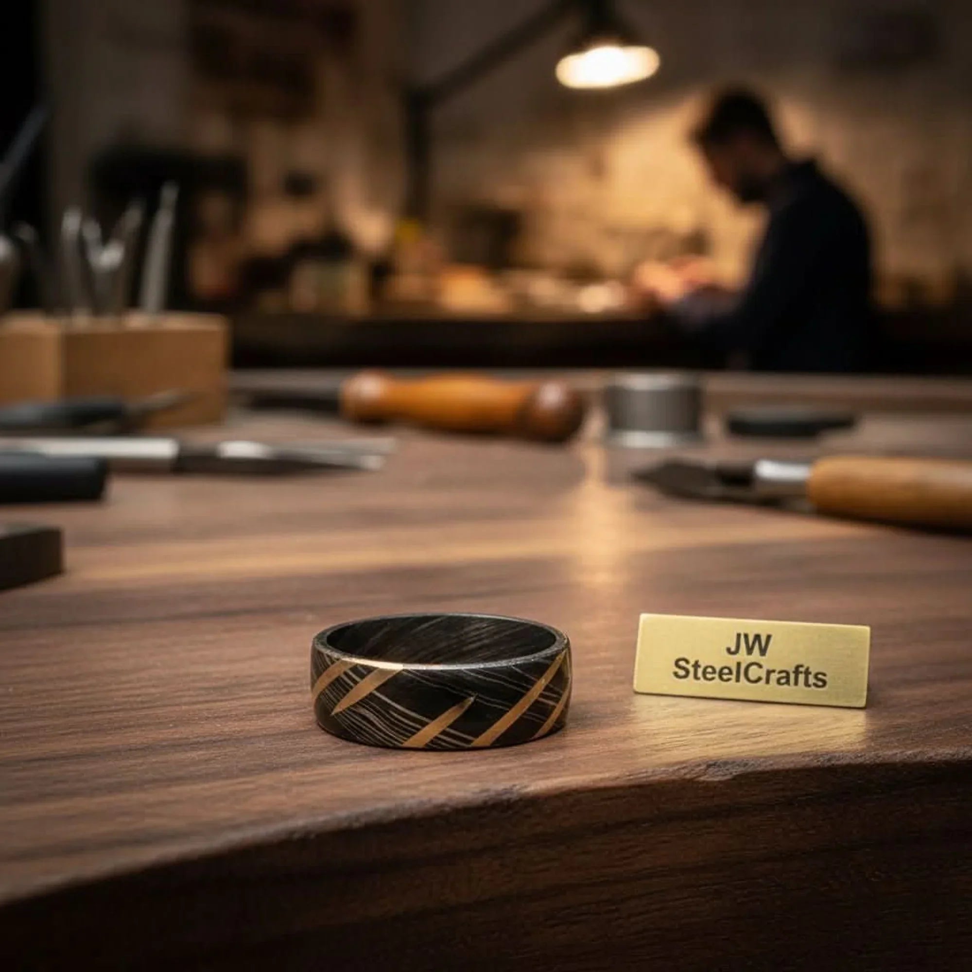 Black Damascus Gold Stripe Ring with Diagonal Multi-Stripe Inlay