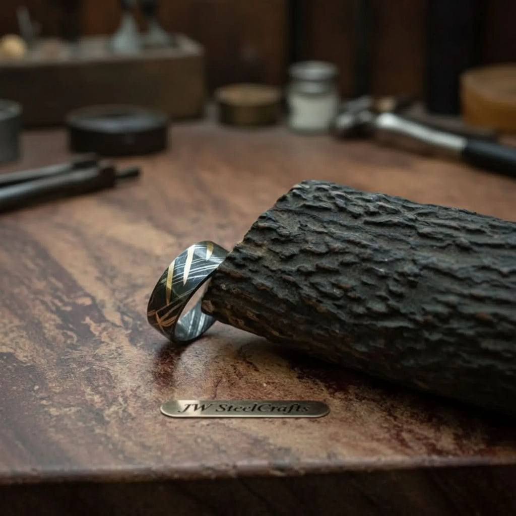 Black Damascus Gold Stripe Ring with Diagonal Multi-Stripe Inlay