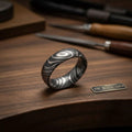 Domed Woodgrain Damascus Ring with Knot Pattern Steel