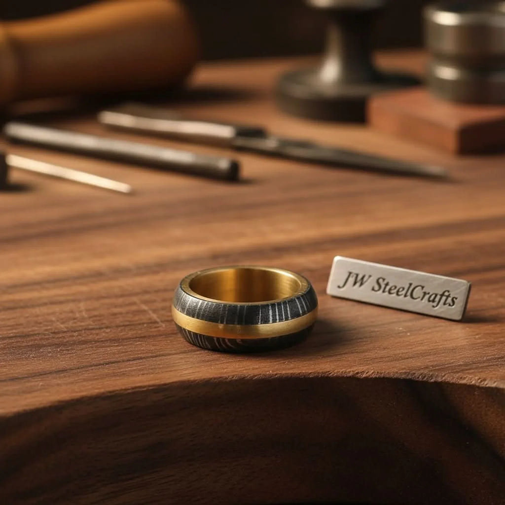 Domed Damascus Gold Inlay Ring with Wide Gold Band