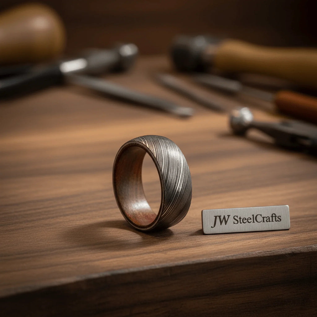 Damascus Wood Sleeve Ring with Natural Wood Liner and Linear Steel Pattern