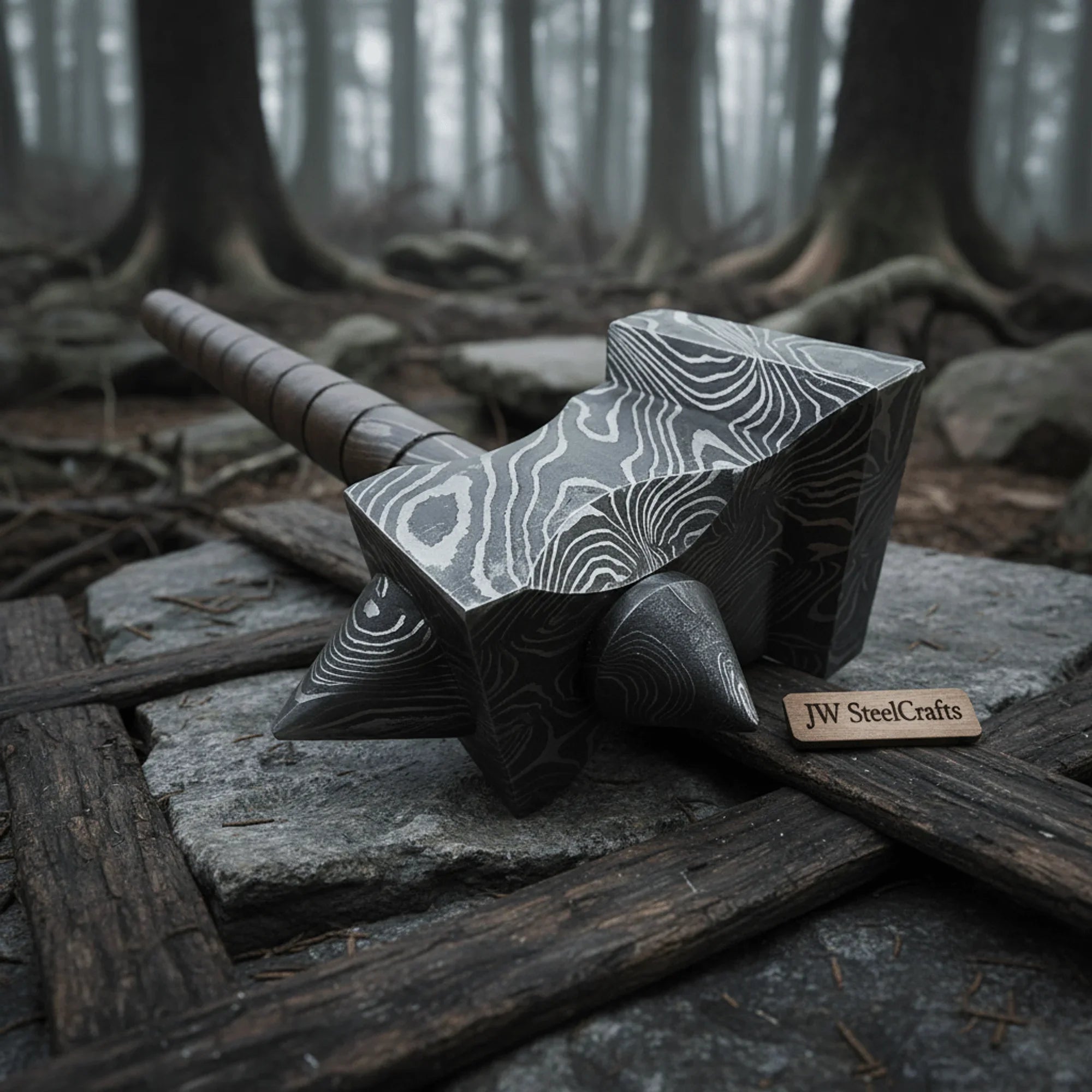 Darkforge Titan Hammer 8" Handmade Full Damascus Steel Collectible with Dual Spikes