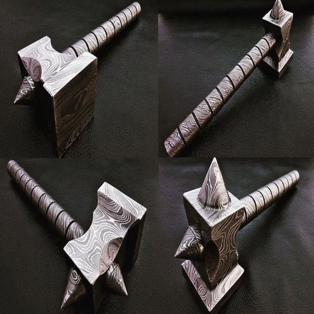 Darkforge Titan Hammer 8" Handmade Full Damascus Steel Collectible with Dual Spikes
