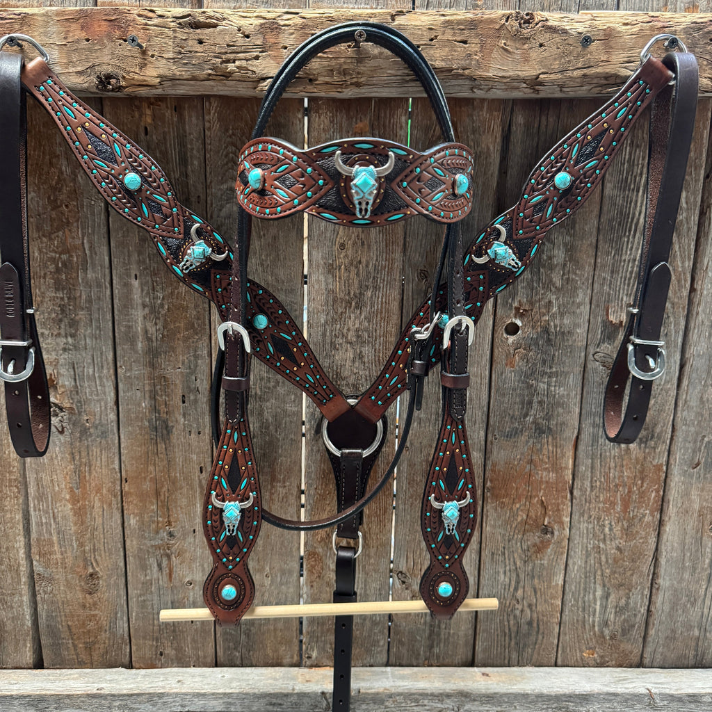 Dark Oil Hand Painted Steer Head and Turquoise Browband/One Ear and Breastcollar Tack Set #BBBC488