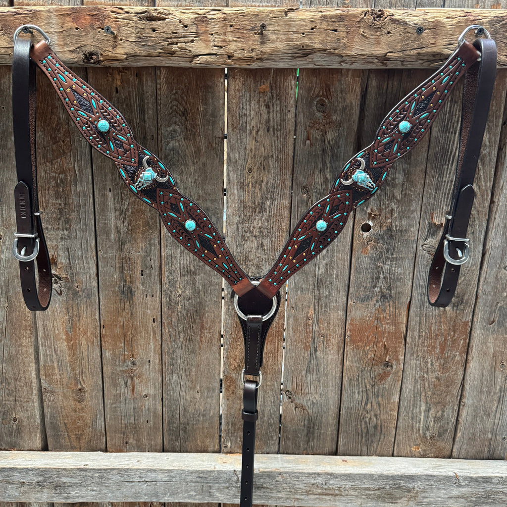 Dark Oil Hand Painted Steer Head and Turquoise Browband/One Ear and Breastcollar Tack Set #BBBC488 — view 8
