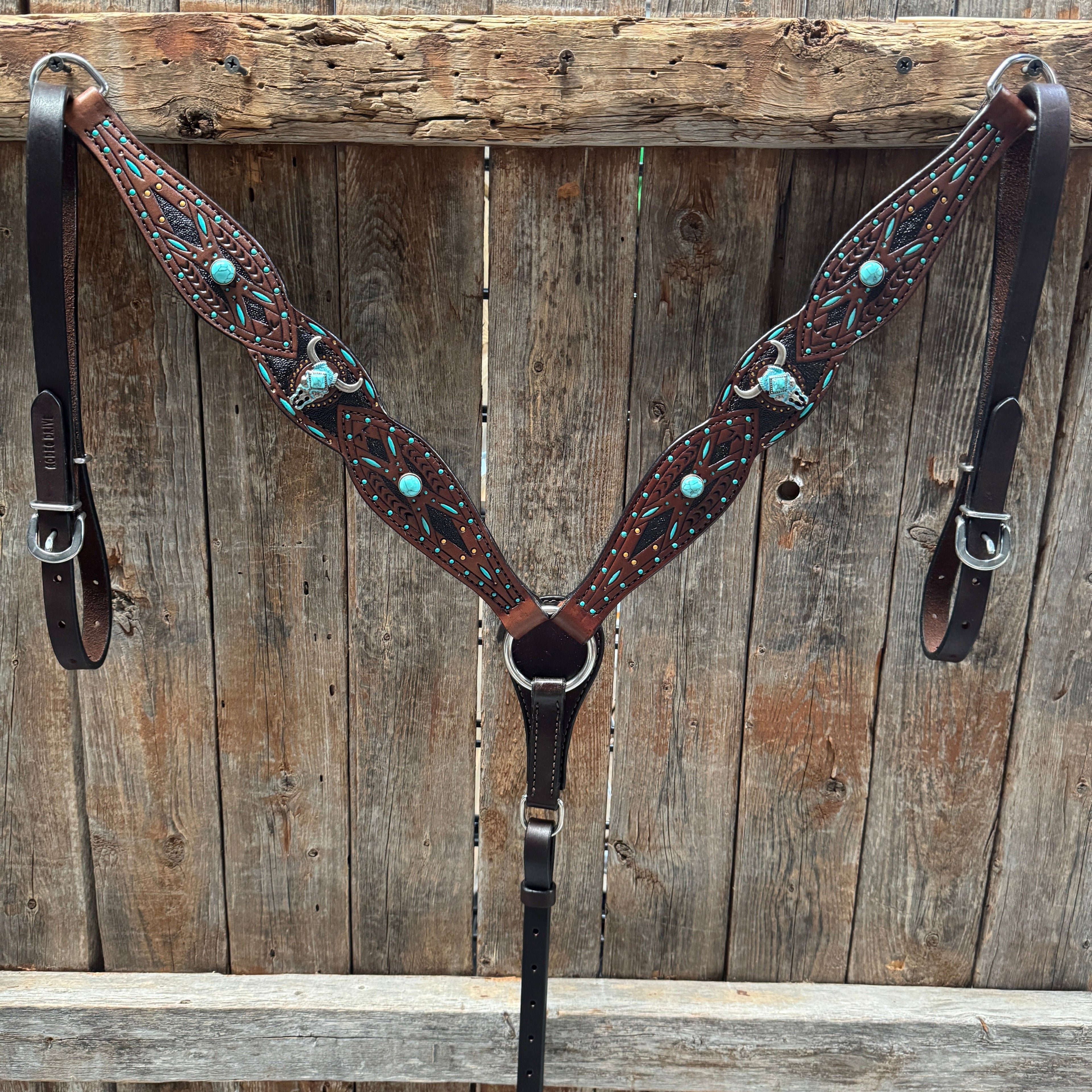 Dark Oil Hand Painted Steer Head and Turquoise Browband/One Ear and Breastcollar Tack Set #BBBC488 — view 8