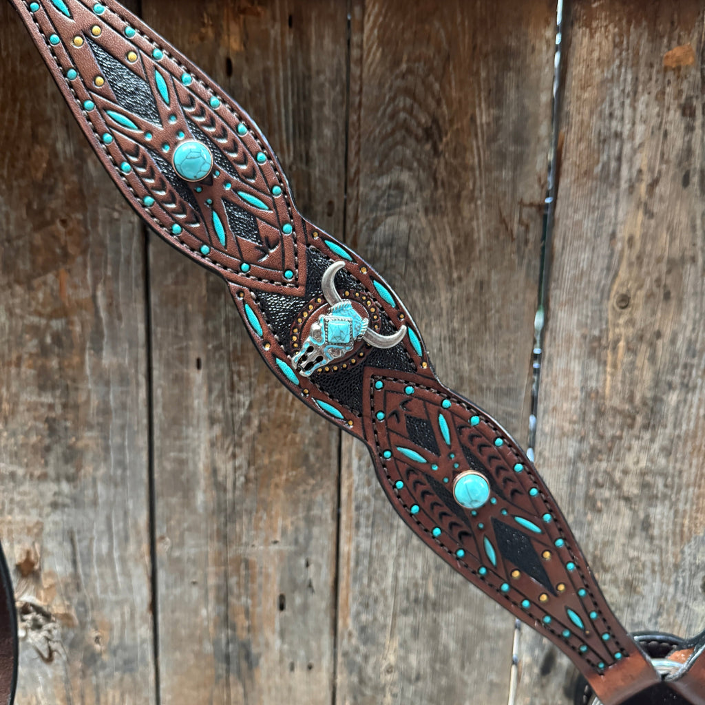 Dark Oil Hand Painted Steer Head and Turquoise Browband/One Ear and Breastcollar Tack Set #BBBC488 — view 9