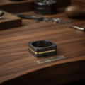 Square Damascus Steel Ring With Brass Inlay Handmade Mens Band