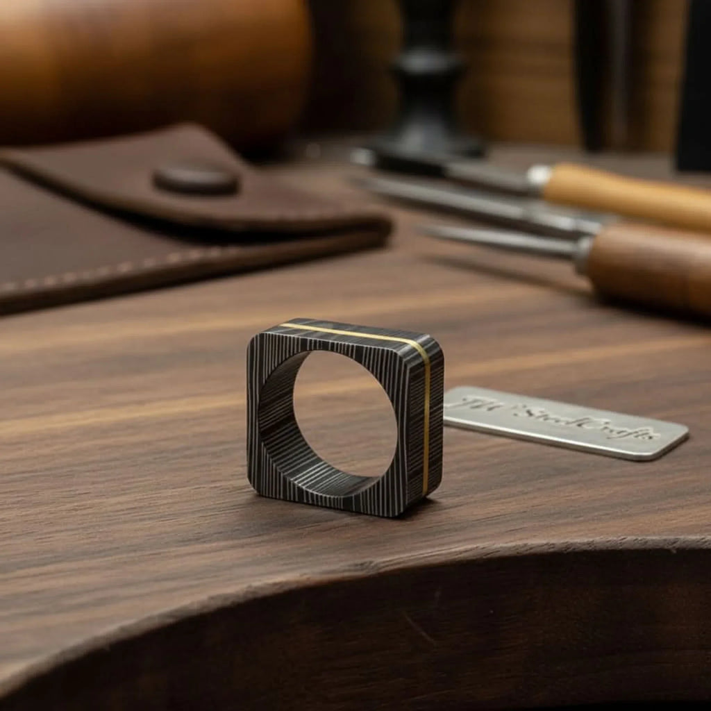 Square Damascus Steel Ring With Brass Inlay Handmade Mens Band