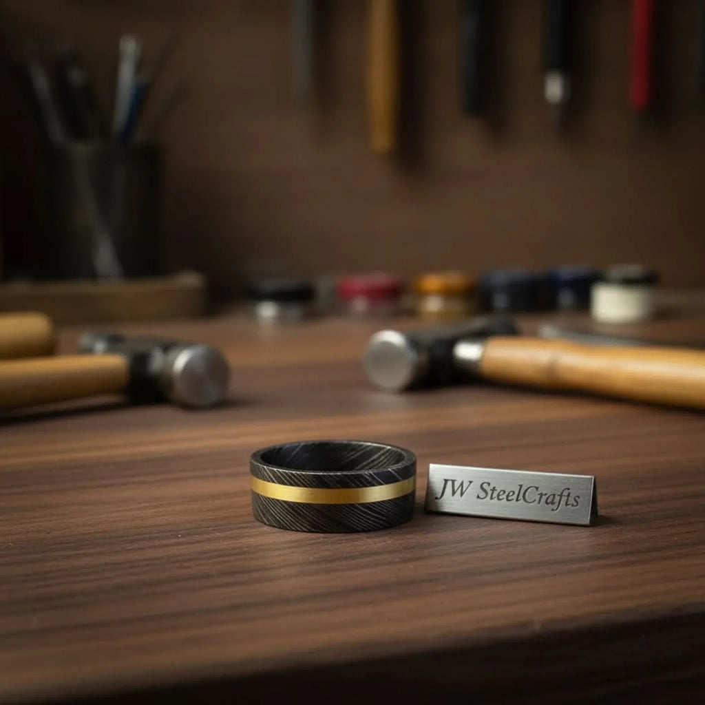 Black Damascus Offset Gold Inlay Ring with Asymmetric Gold Line