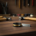 Black Damascus Offset Gold Inlay Ring with Asymmetric Gold Line