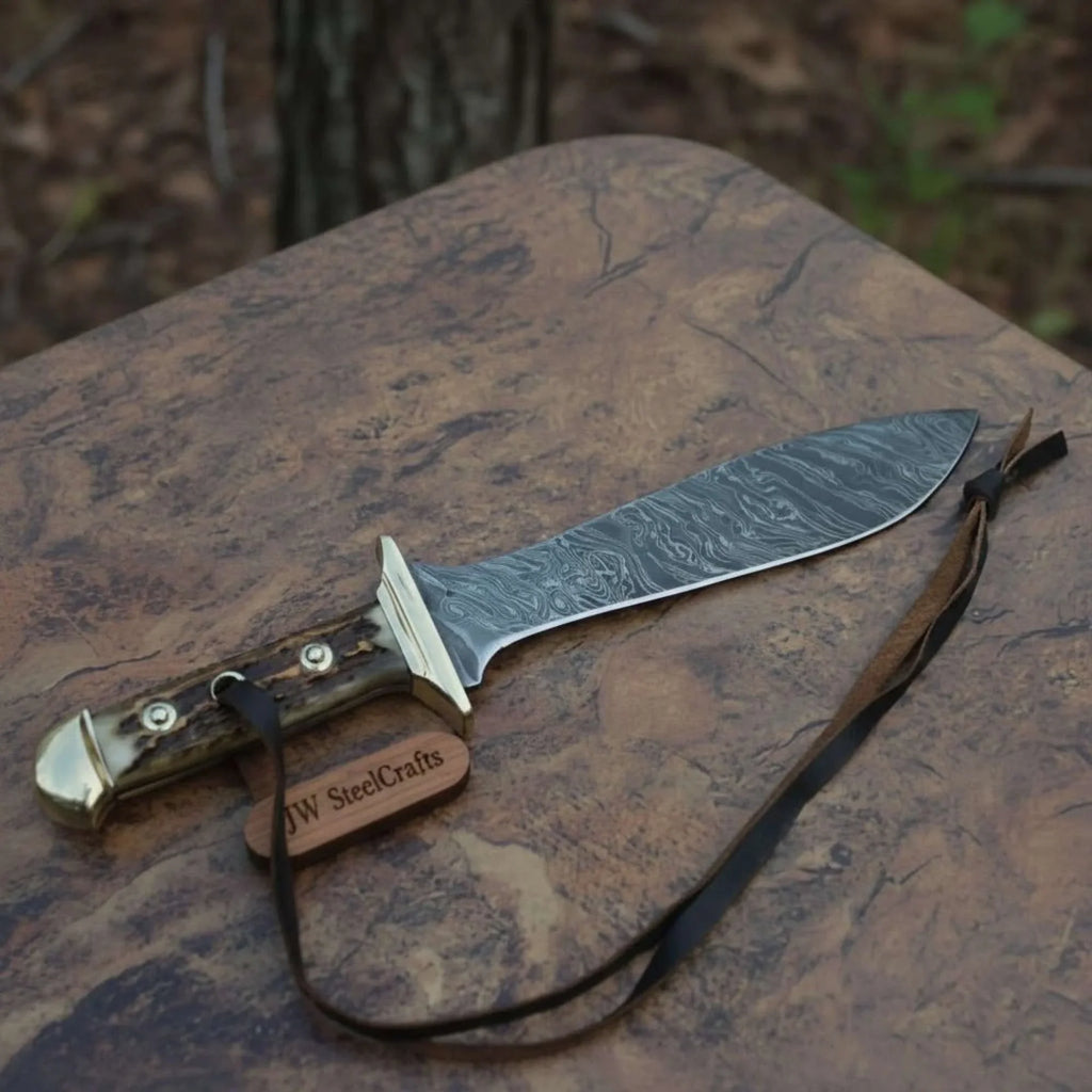 Handmade Persian-Style Upswept Bowie Knife with Stag Handle and Brass Pommel
