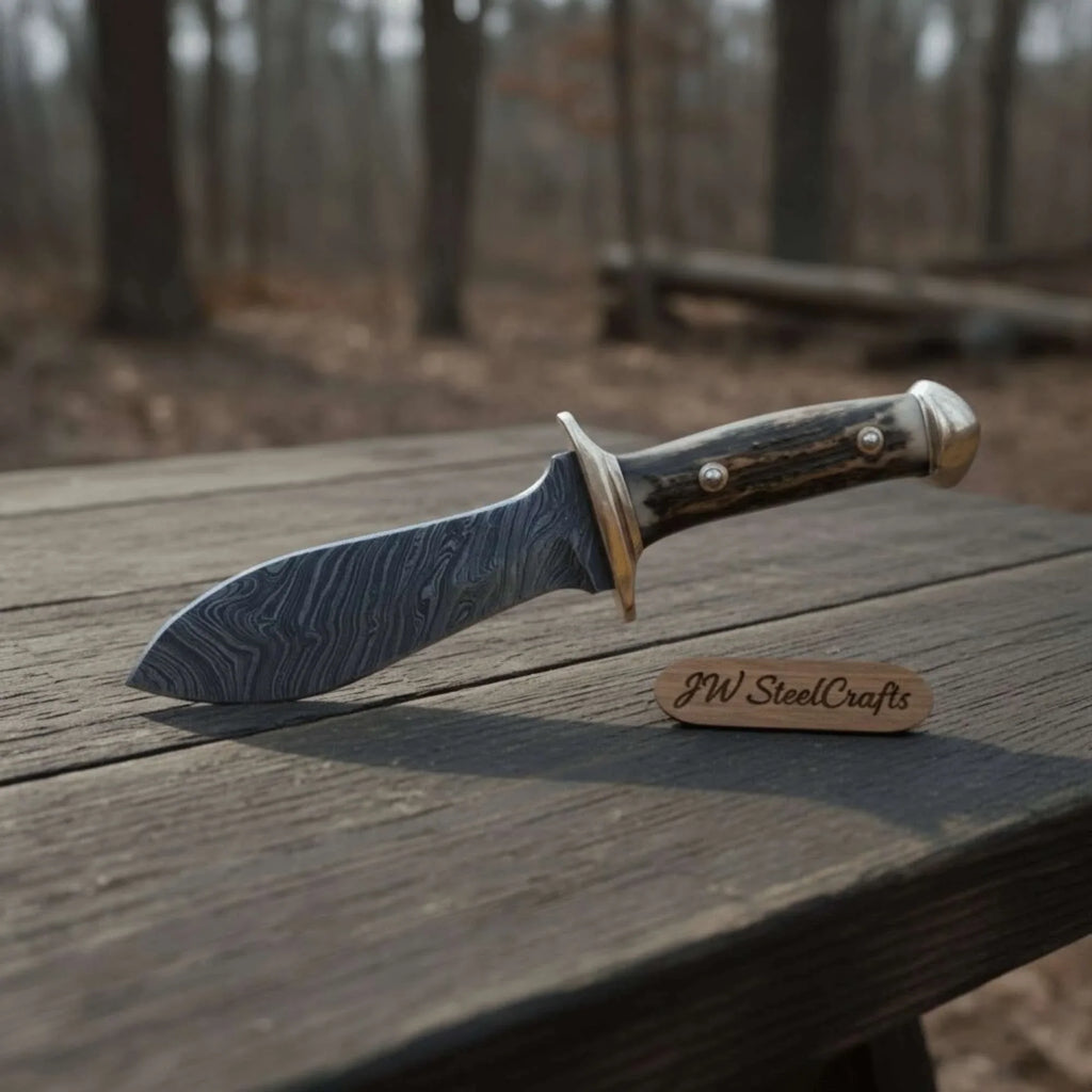Handmade Persian-Style Upswept Bowie Knife with Stag Handle and Brass Pommel