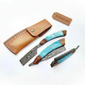Classic Western Damascus Straight Barber Razor with Blue Bone and Rosewood Handle