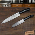 Handmade Japanese Damascus Knife Set, Chef Gyuto and Petty Utility Knives, Black Handle