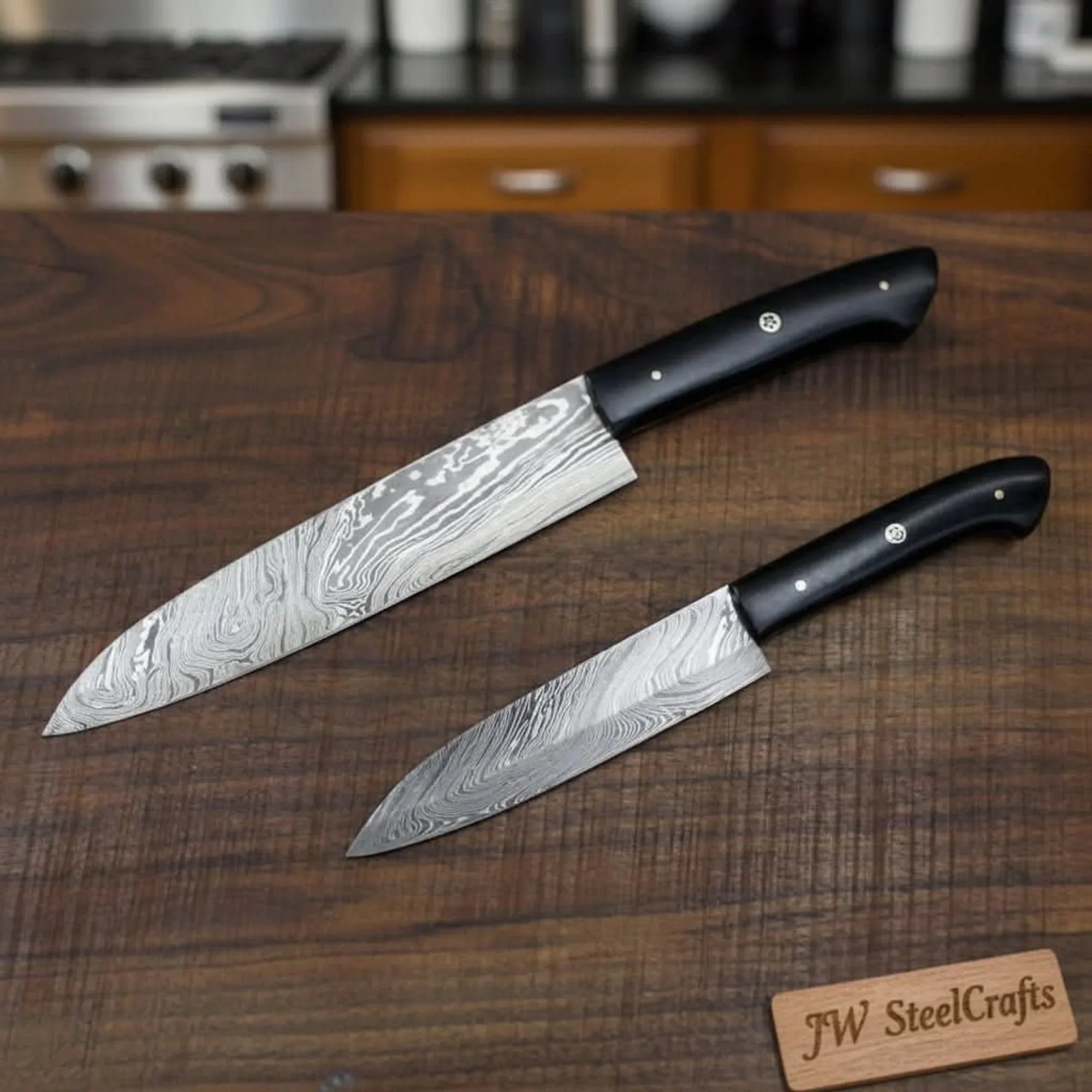 Handmade Japanese Damascus Knife Set, Chef Gyuto and Petty Utility Knives, Black Handle
