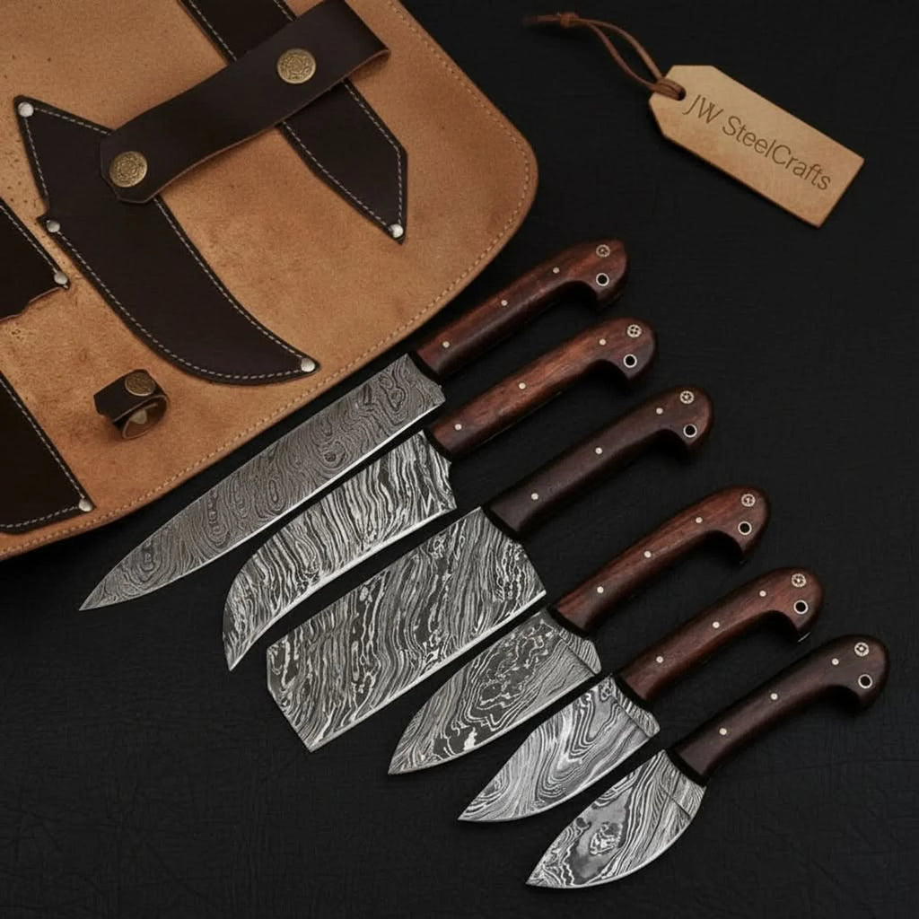 6-Piece Damascus Knife Set with Leather Roll