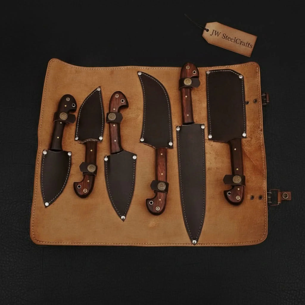 6-Piece Damascus Knife Set with Leather Roll