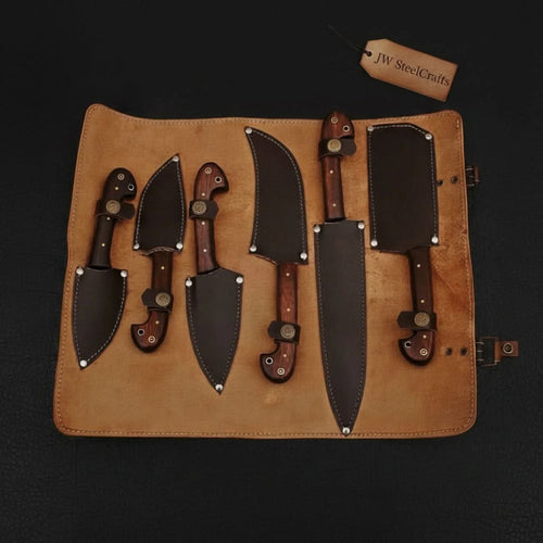 6-Piece Damascus Knife Set with Leather Roll