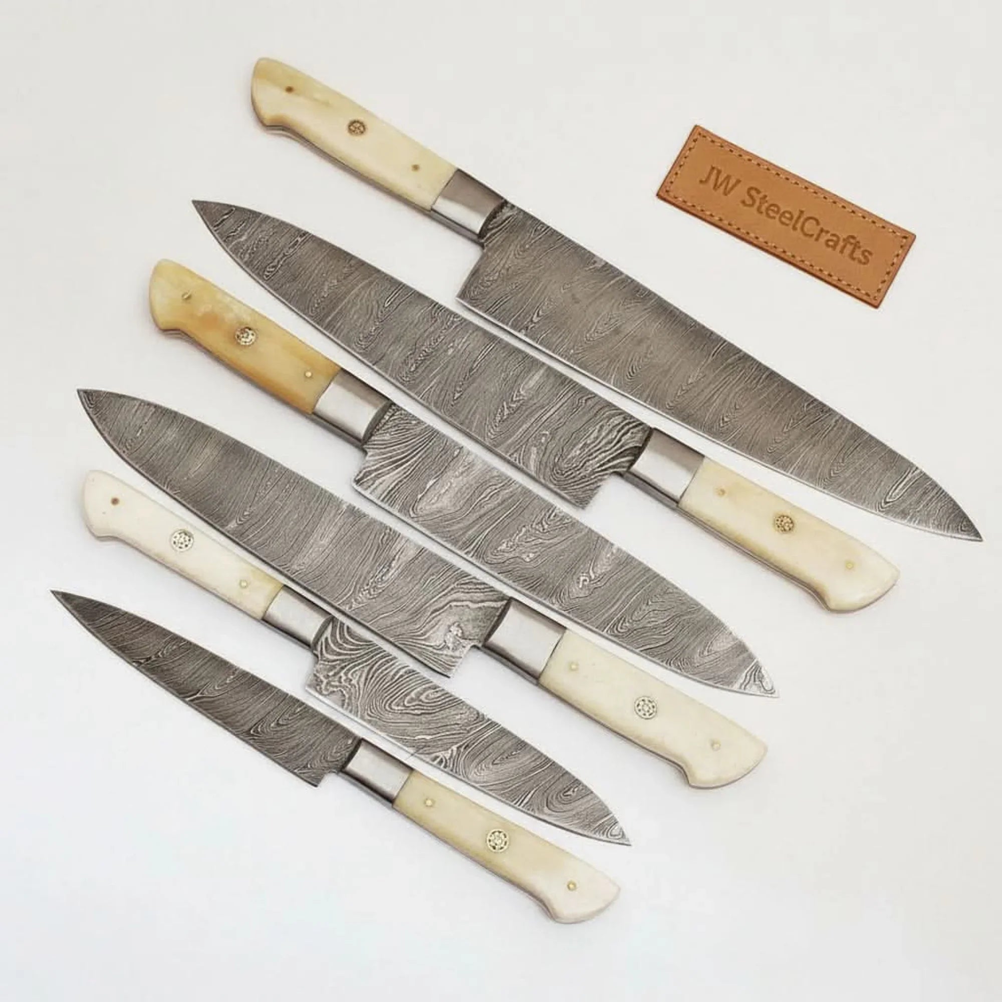6-Piece Damascus Kitchen Knife Set – Gyuto, Santoku, Nakiri, Boning, Utility & Paring | Natural Bone Handle | Leather Roll