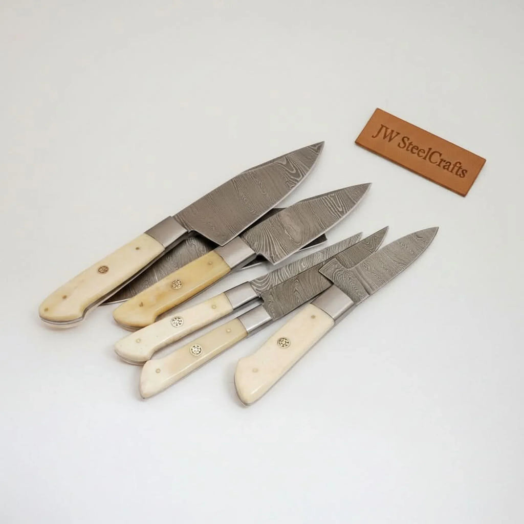 6-Piece Damascus Kitchen Knife Set – Gyuto, Santoku, Nakiri, Boning, Utility & Paring | Natural Bone Handle | Leather Roll