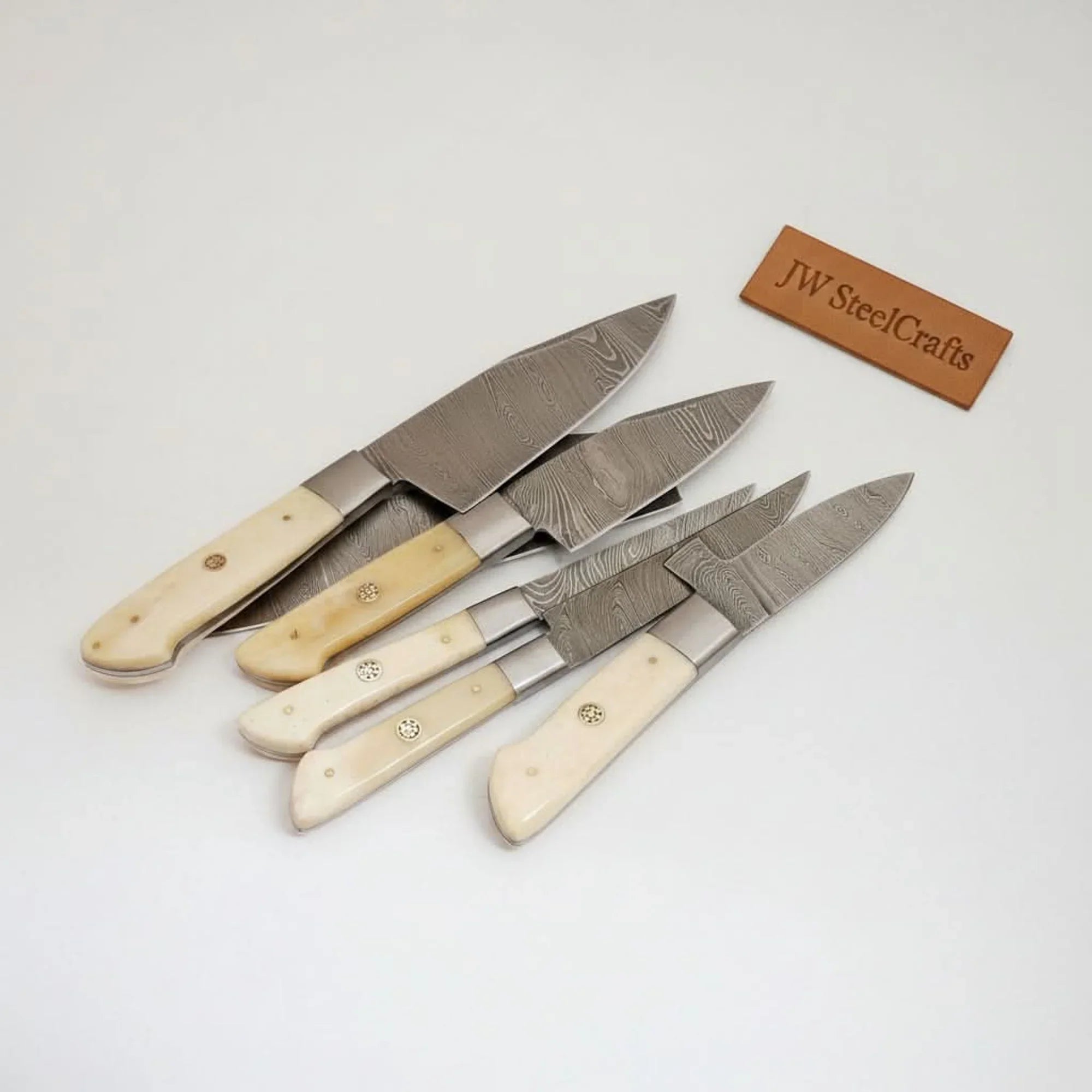 6-Piece Damascus Kitchen Knife Set – Gyuto, Santoku, Nakiri, Boning, Utility & Paring | Natural Bone Handle | Leather Roll