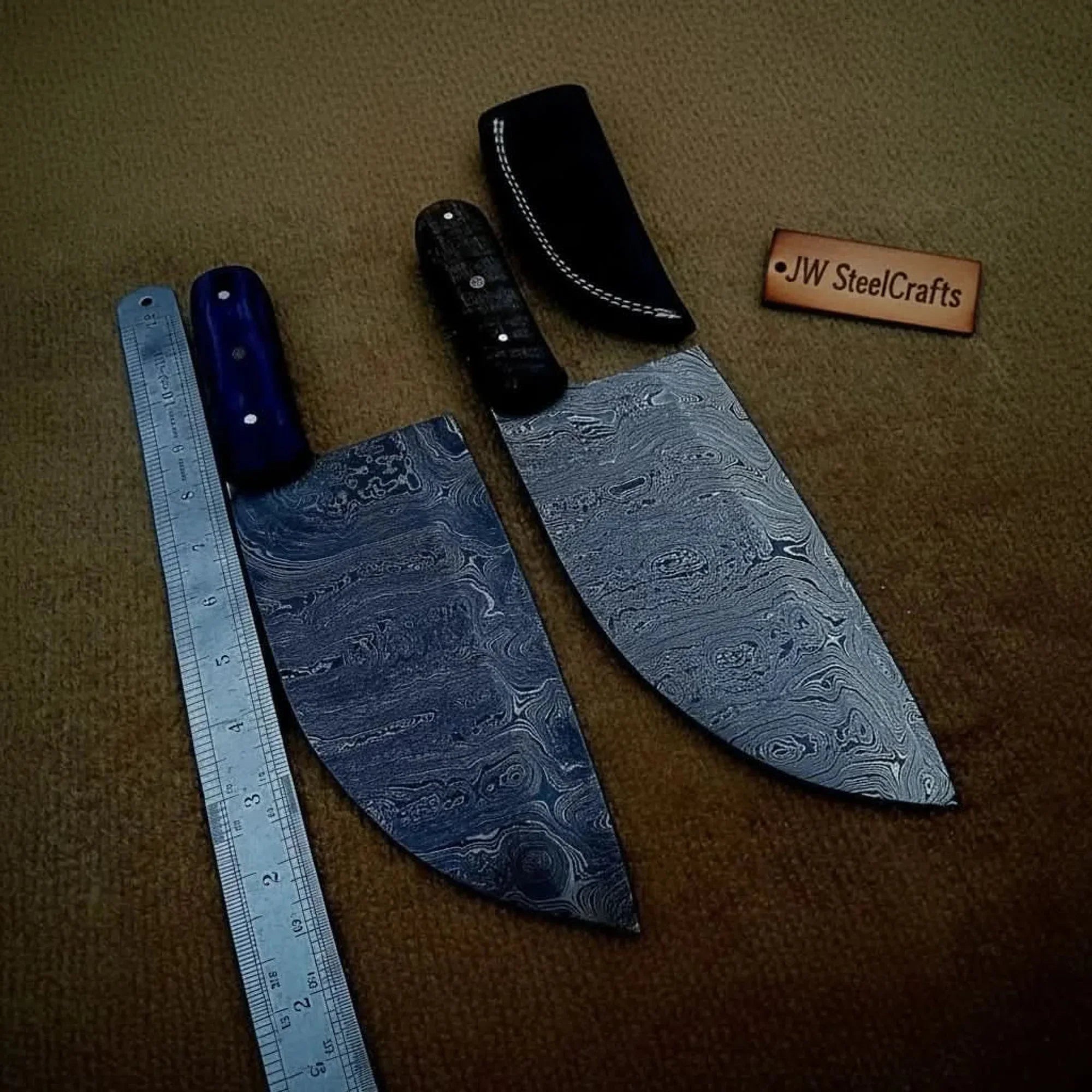Pair of Chinese Vegetable Cleavers — Damascus Steel, Stabilized Wood (SMT) Full-Tang Handles lol