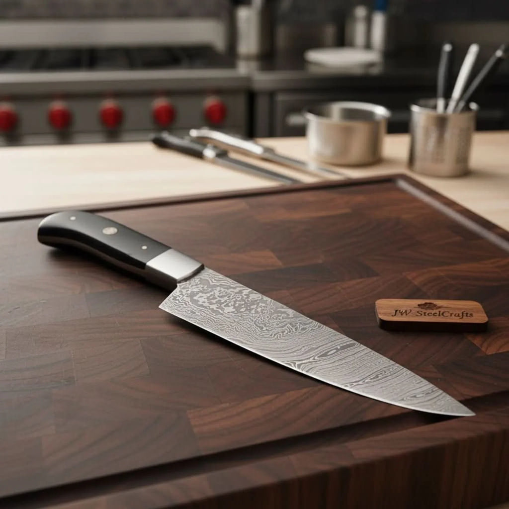 Handcrafted Damascus Steel Chef Knife, Black Resin Handle, Japanese Kitchen Blade by JW SteelCrafts