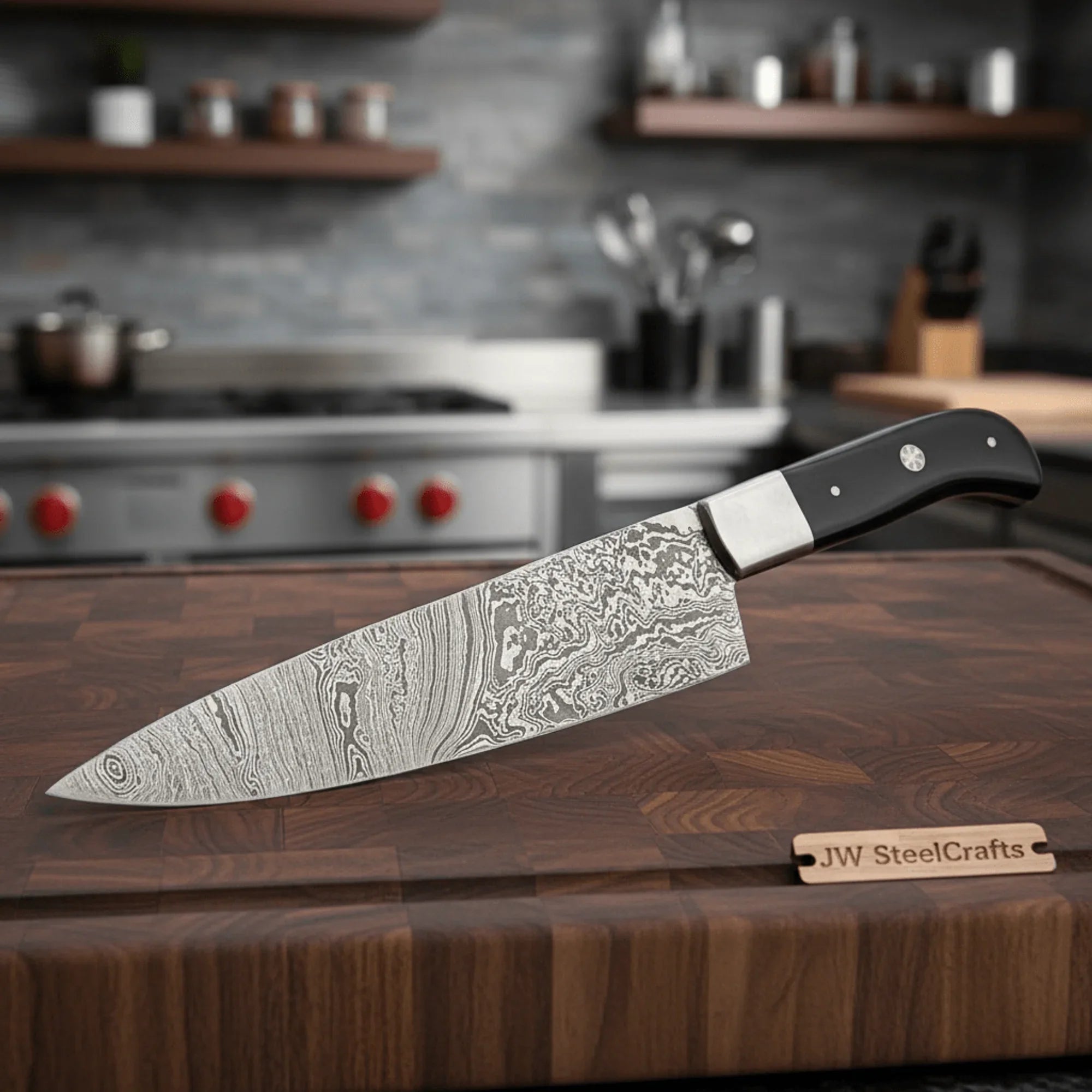 Handcrafted Damascus Steel Chef Knife, Black Resin Handle, Japanese Kitchen Blade by JW SteelCrafts