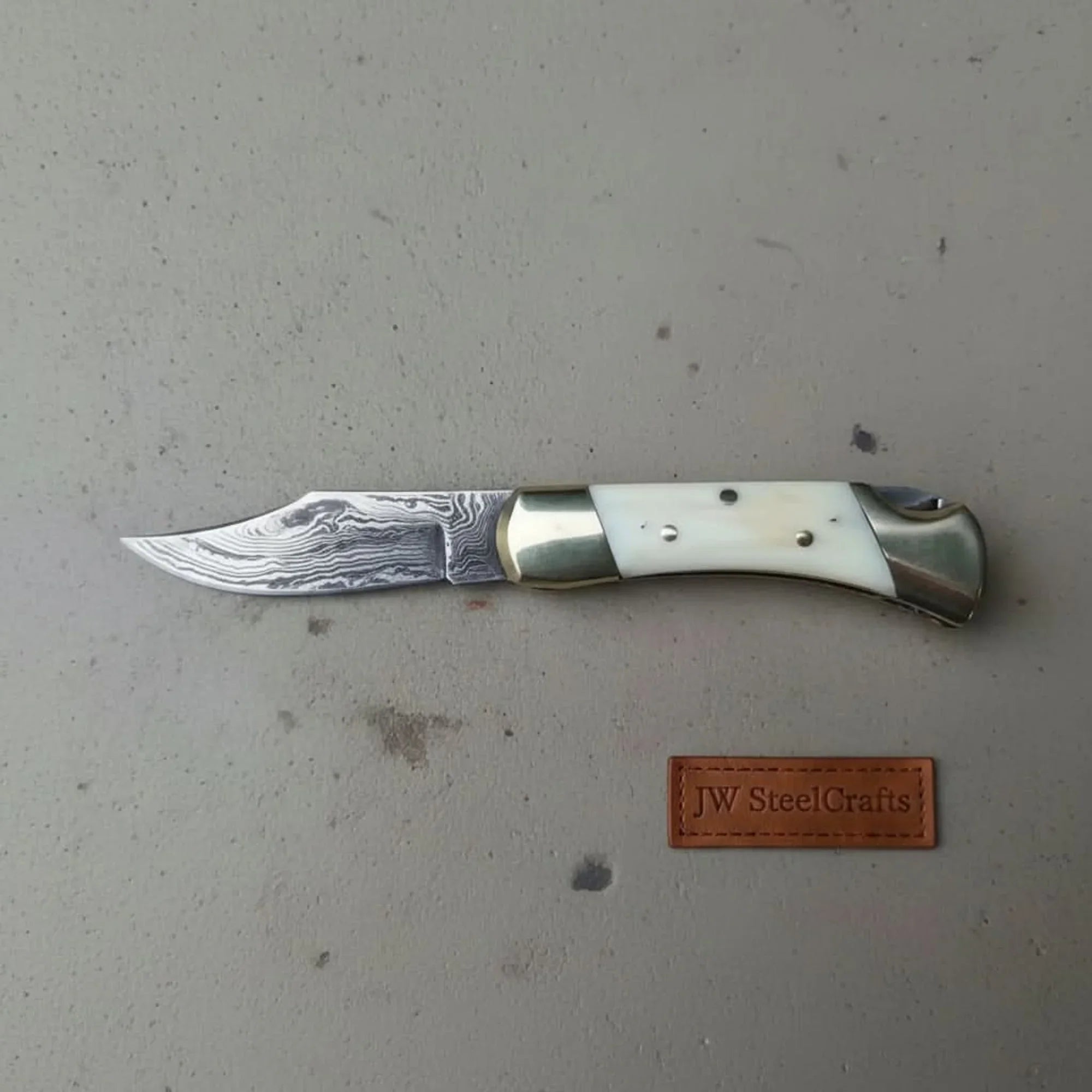 Handmade Damascus Folding Pocket Knife – Bone Handle with Brass Bolsters
