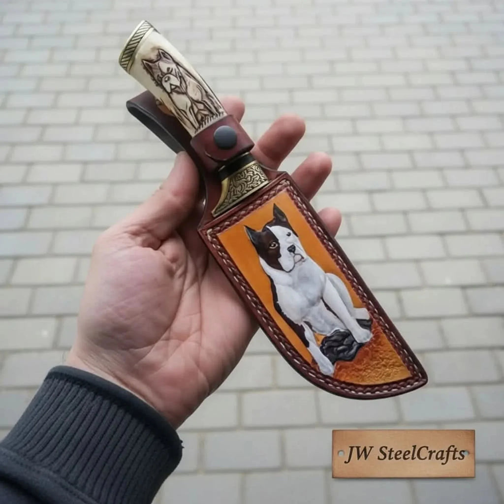 Damascus Steel Dog Engraved Bone Handle Hunting Skinner Knife – 10 Inch Overall l