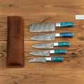 5-Piece Damascus Kitchen Prep Knife Set with Blue Resin Handles, Steel Bolsters & Leather Storage Kit