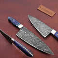 Kiritsuke-Style Damascus Chef Knife with Blue Wood Handle and Steel Bolster