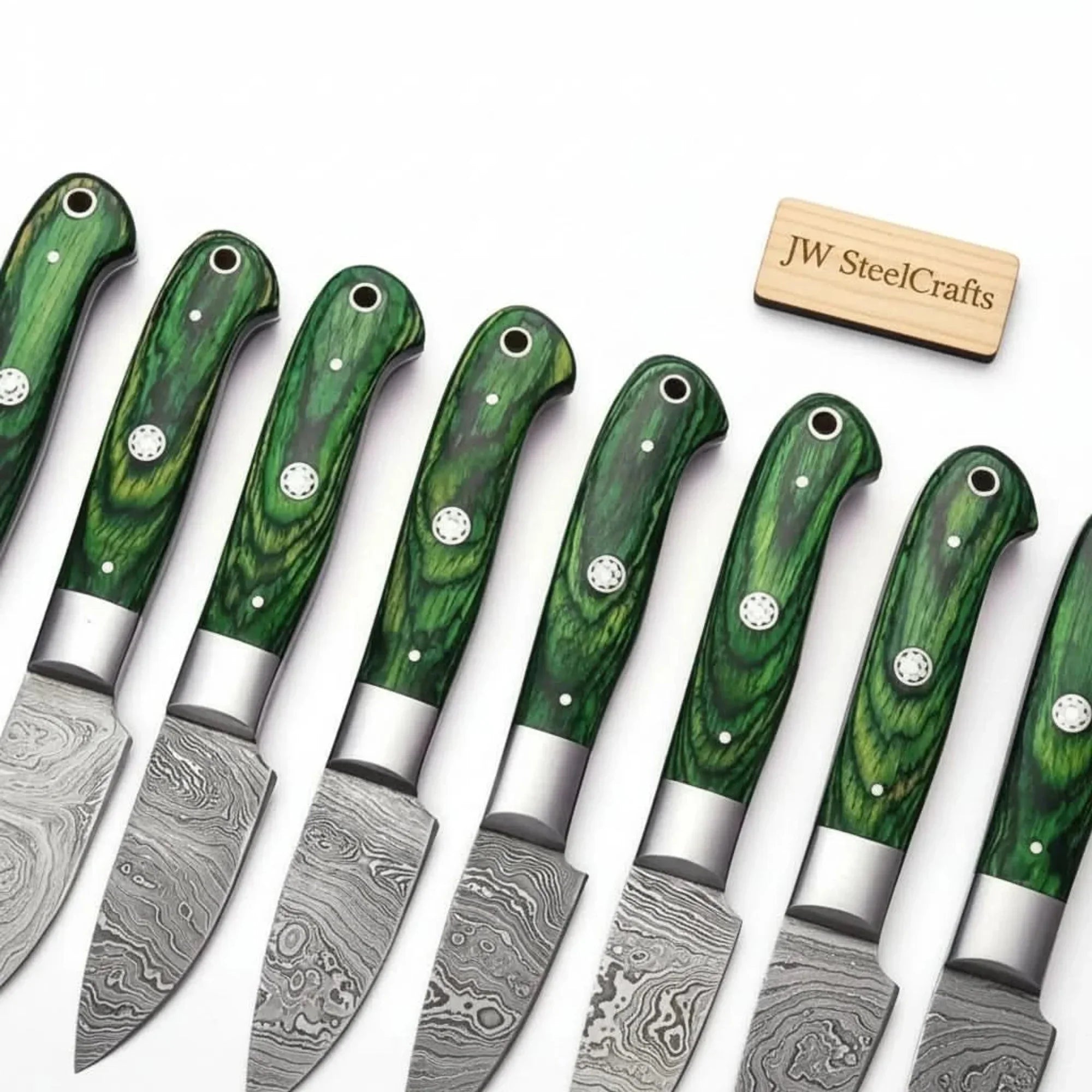 8-Piece Damascus Steak Knife — Twisted Damascus Blades, Green Pakka Wood Handles