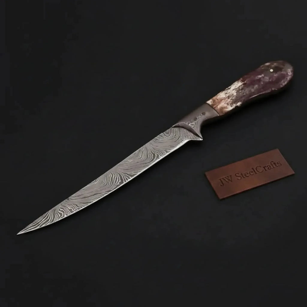 Custom Handmade Damascus Steel Boning Knife With Colour Bone Handle  with Leather Sheath