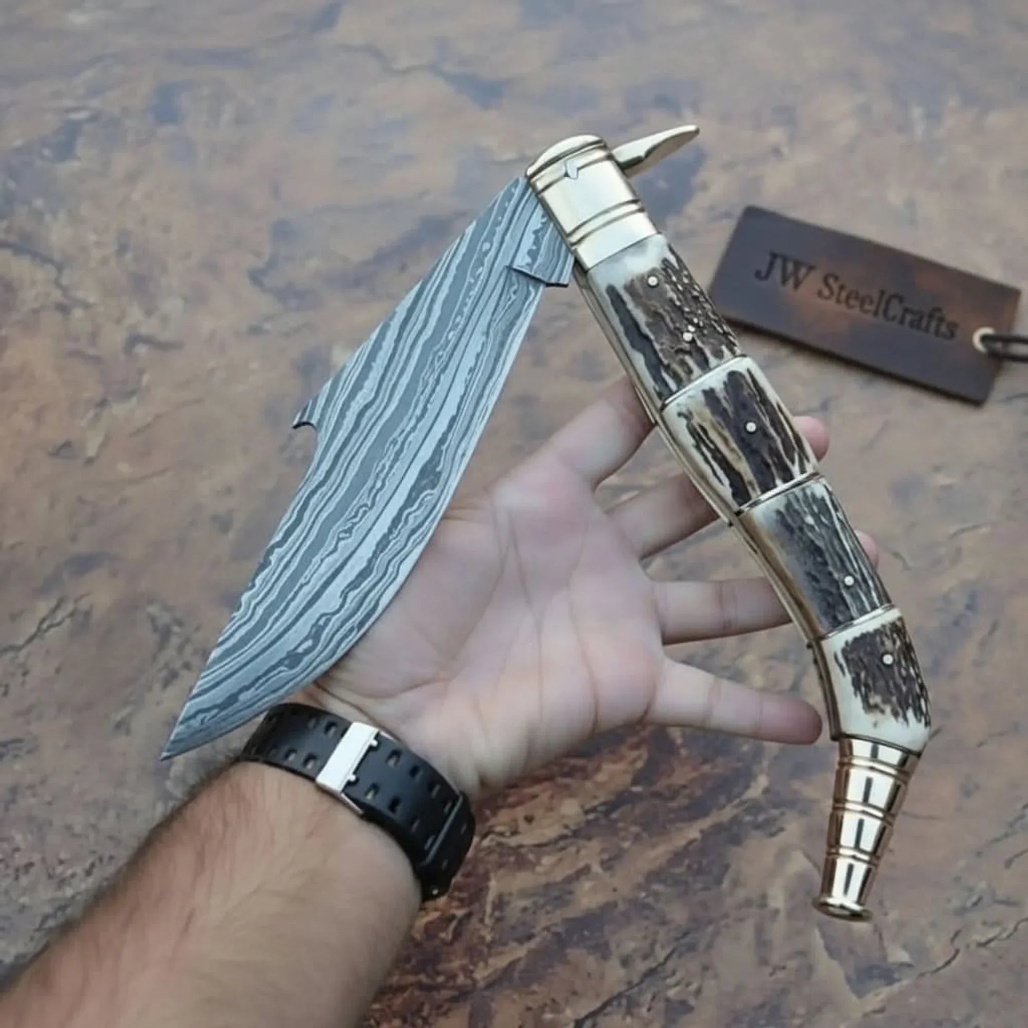 Handcrafted Damascus Steel Big Folding Knife with Genuine Antler Stag Horn Handle