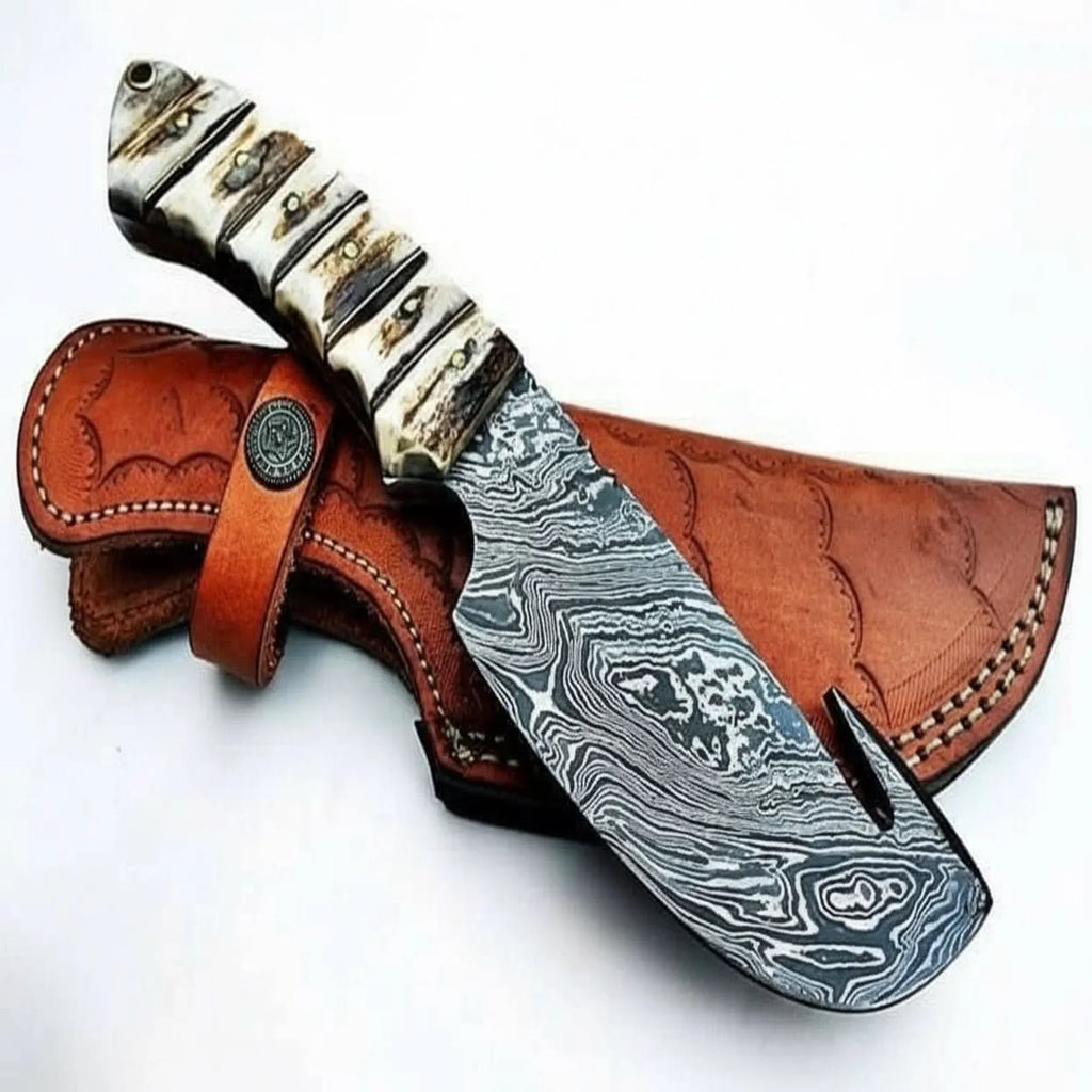 9' Handmade Damascus Skinner Knife with Stag Bone Handle and Gut Hook Blade