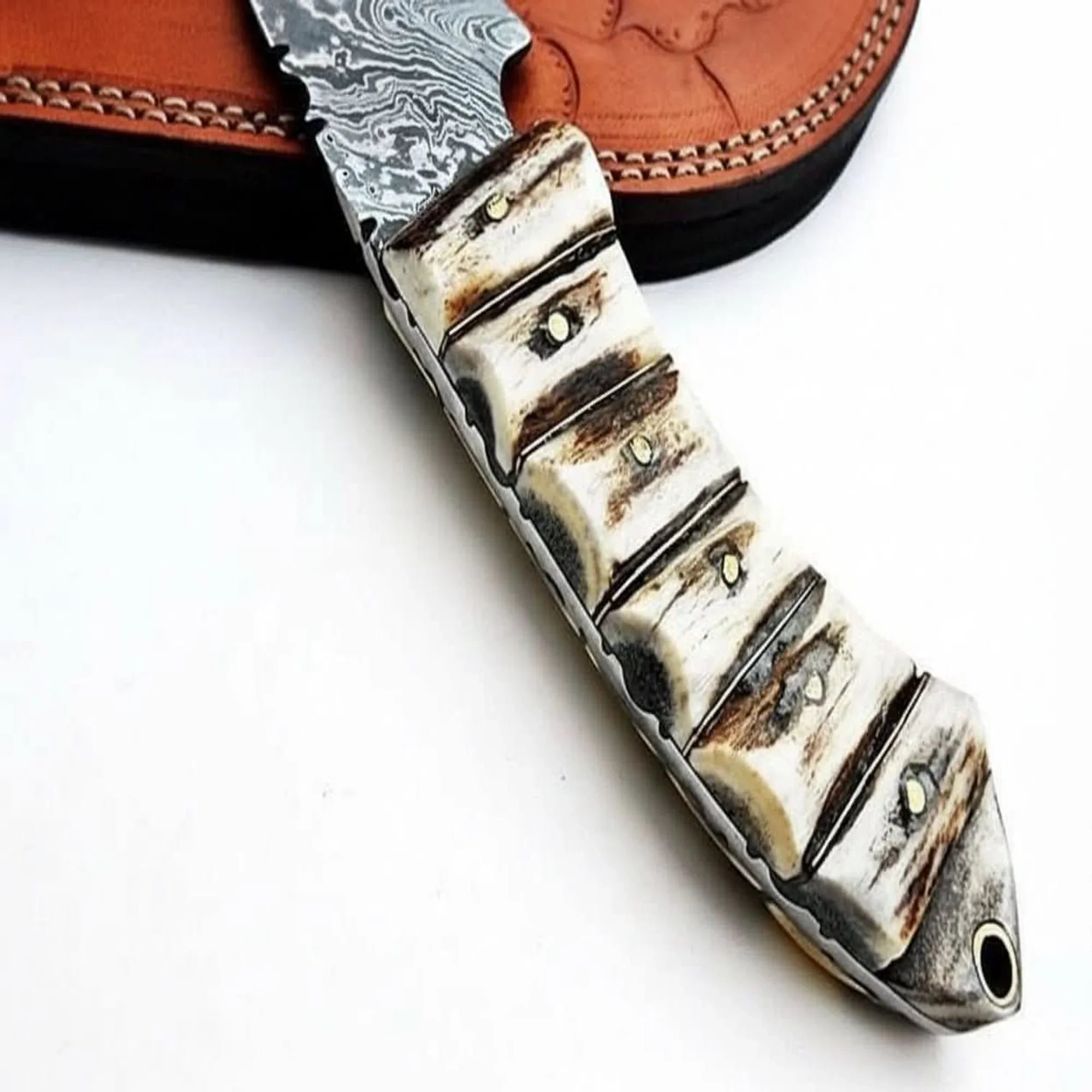 9' Handmade Damascus Skinner Knife with Stag Bone Handle and Gut Hook Blade